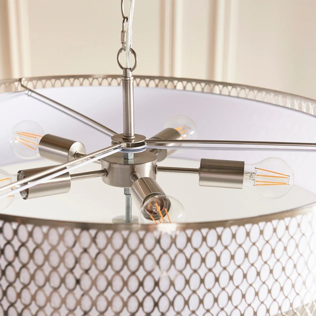 Liorin Geometric Pendant Lamp - Modern Fretwork Metal and Fabric Shade Pendant for Interiors K1873