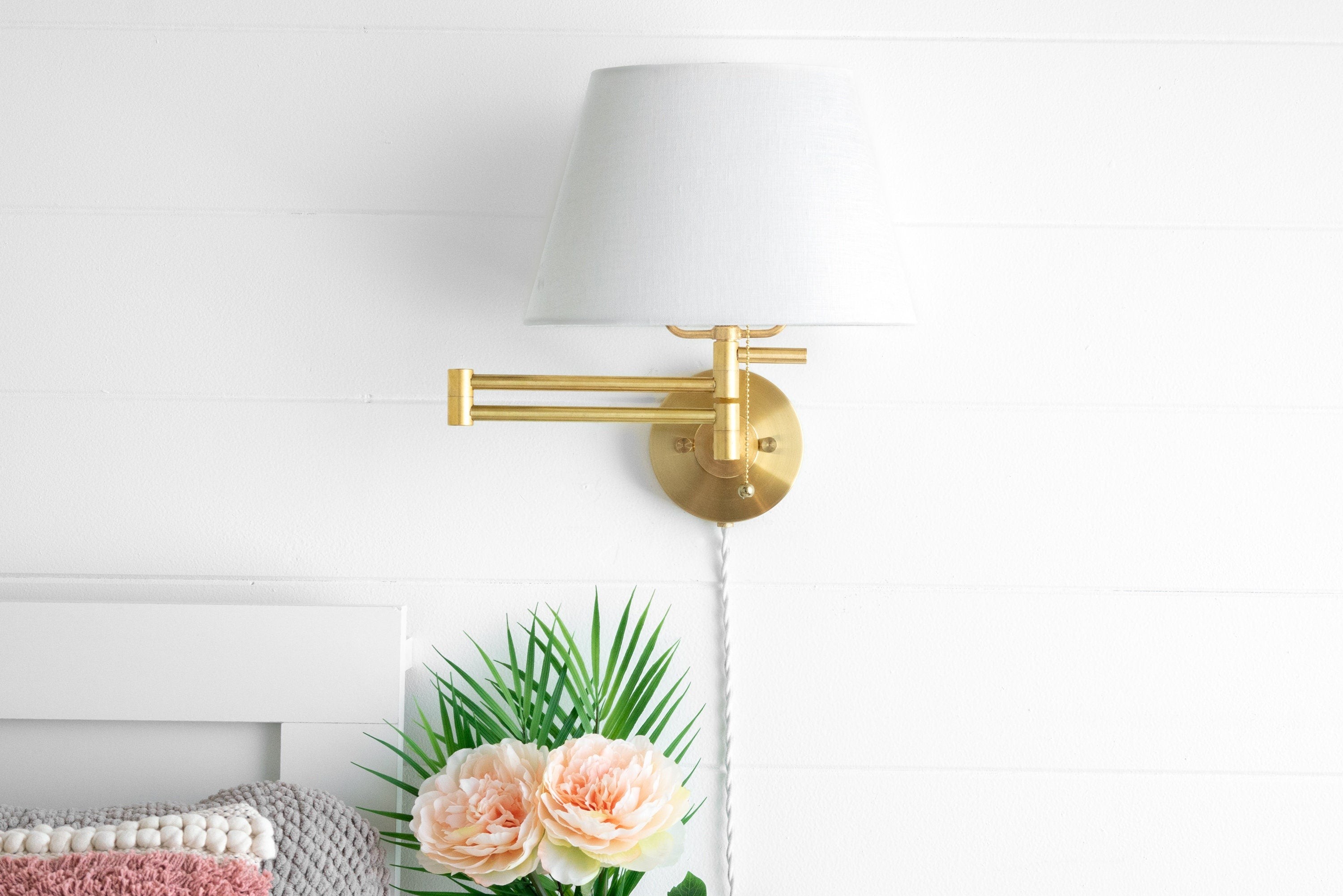 Ornato Luxe Brass Schoolhouse Sconce - Art Deco Wall Light with White Fabric Shade K1523