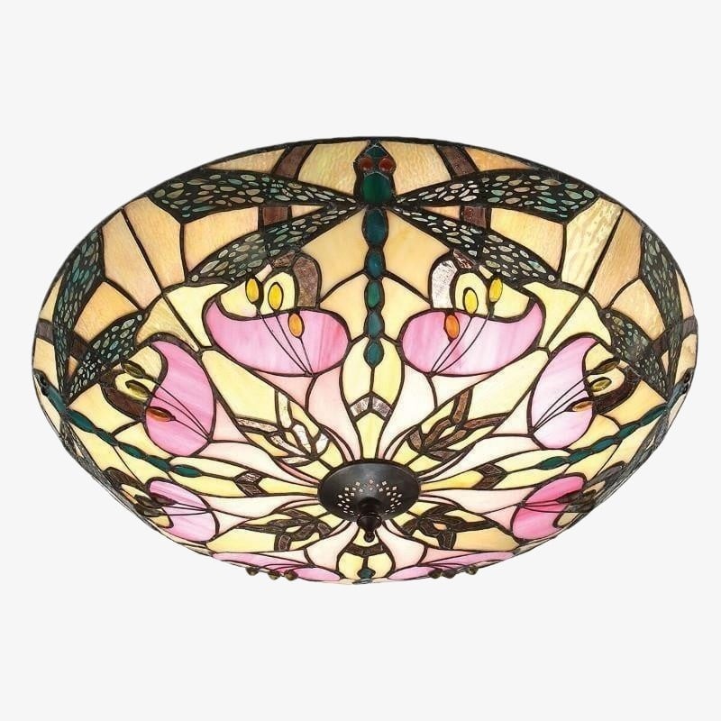 TF Ashton Tiffany Dragonfly Motif Tiffany Glass Flush Surface Mount - Transitional Style for Bedrooms and Lounge Spaces K2029