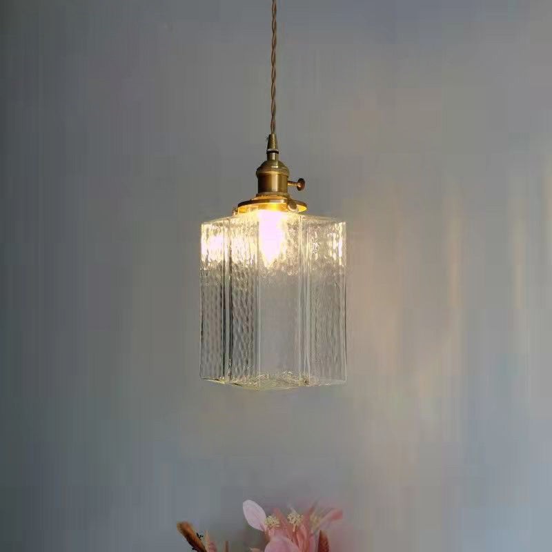 Traditional Vintage Square Rectangle Ripple Glass Iron 1-Light Pendant Light For Living Room K1282