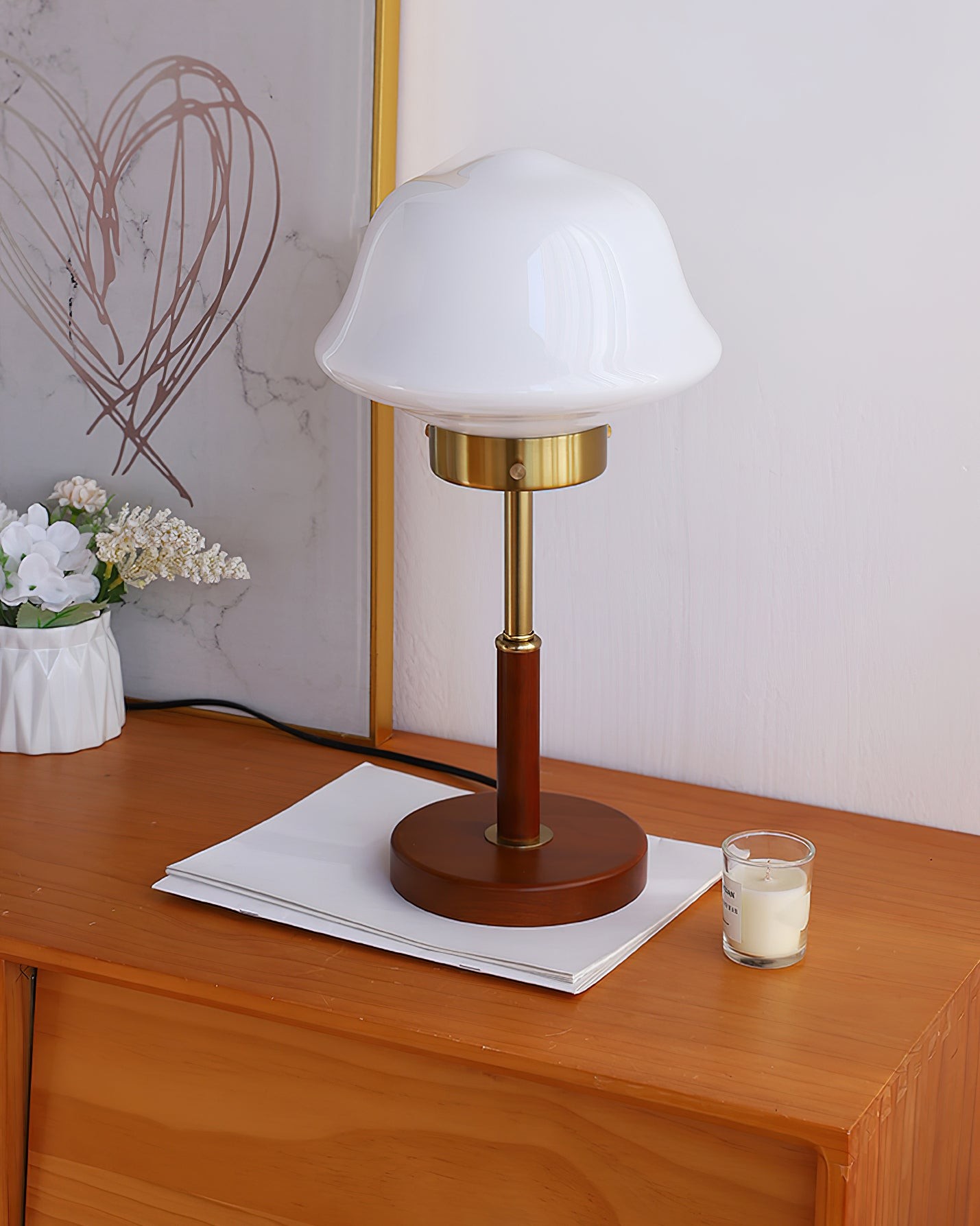 Mid Century Vintage Walnut Glass Table Lamp K323