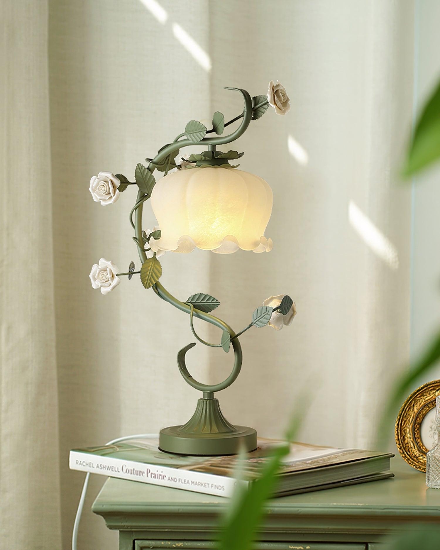 Green Pink White Rose Flower Table Lamp K640