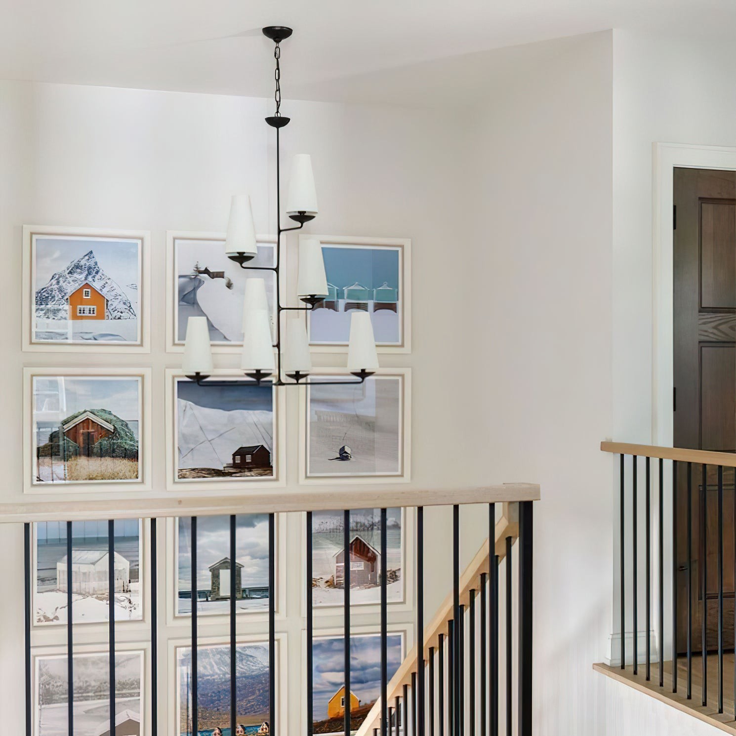 VertiFount Vertical Cascading Chandelier - Multi-Level Linen Shades For Stairwells & Vaulted Ceilings K1199