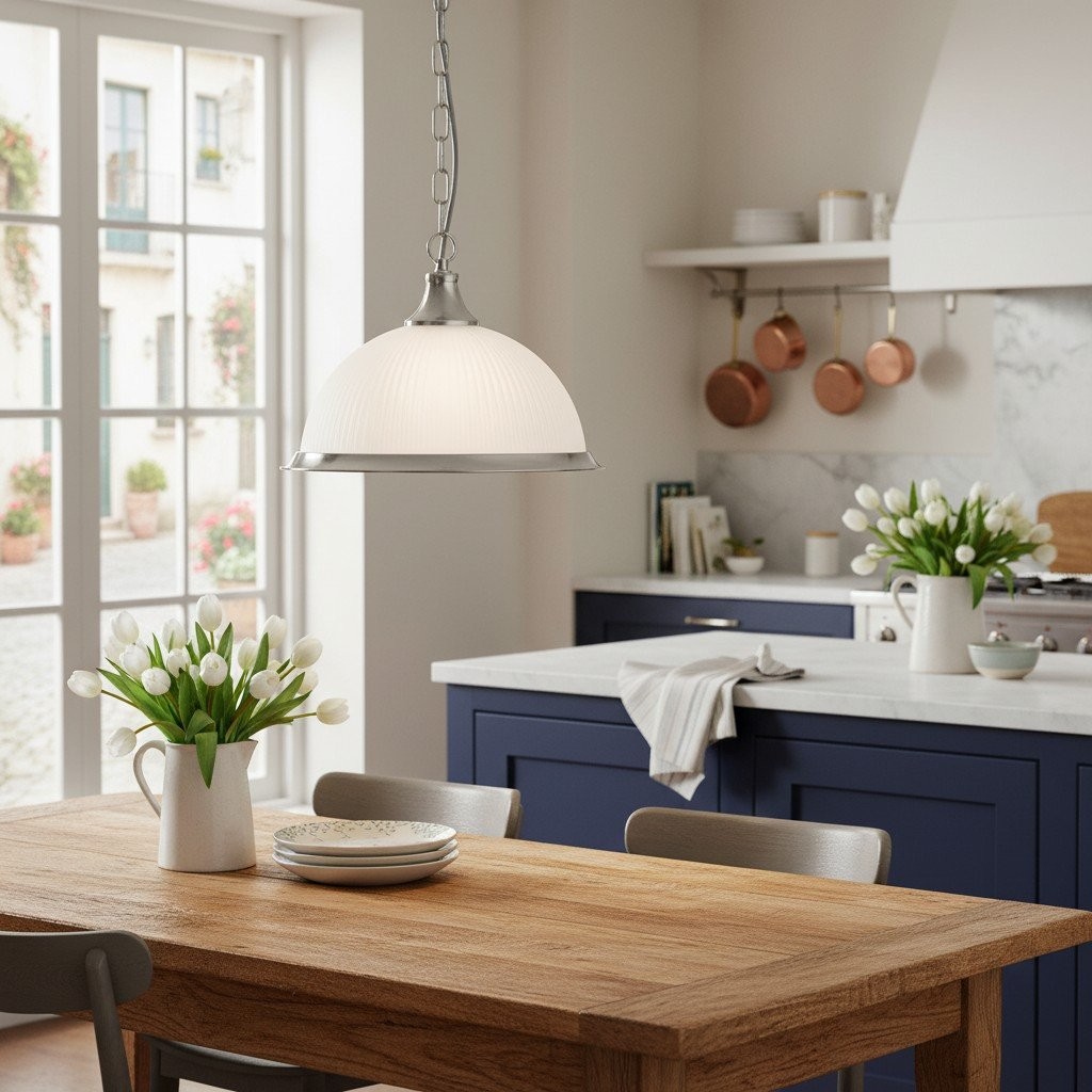TF Vintora Ribbed Glass Pendant Light - Elegant Metal Trim for Kitchens, Dining Areas and Hallways K1994