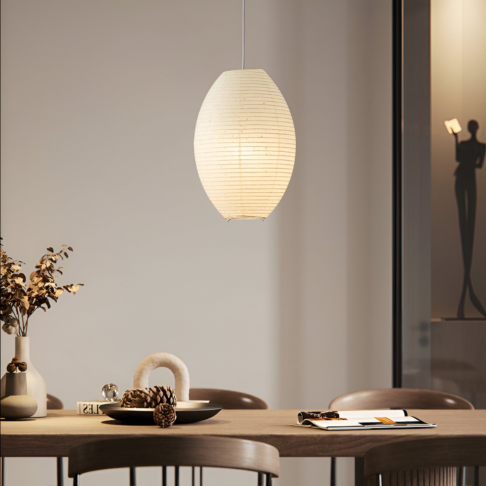 Traditional Japandi Wabi-Sabi Elliptical Paper Pendant Light D942