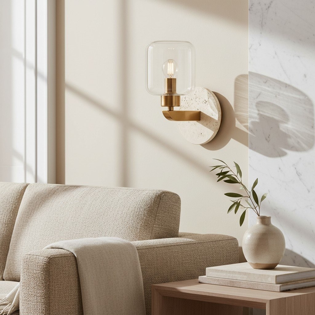 Korlisse Modern Marble Wall Light - Vintage Brass & Clear Glass Accent for Living Room and Hallway K1918