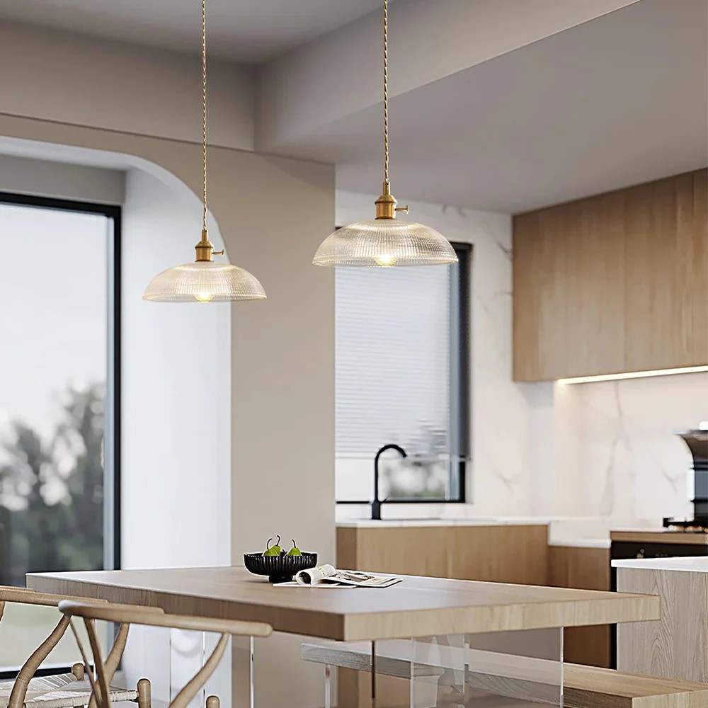 Retro Bowl Ribbed Brass Glass Pendant Light K94