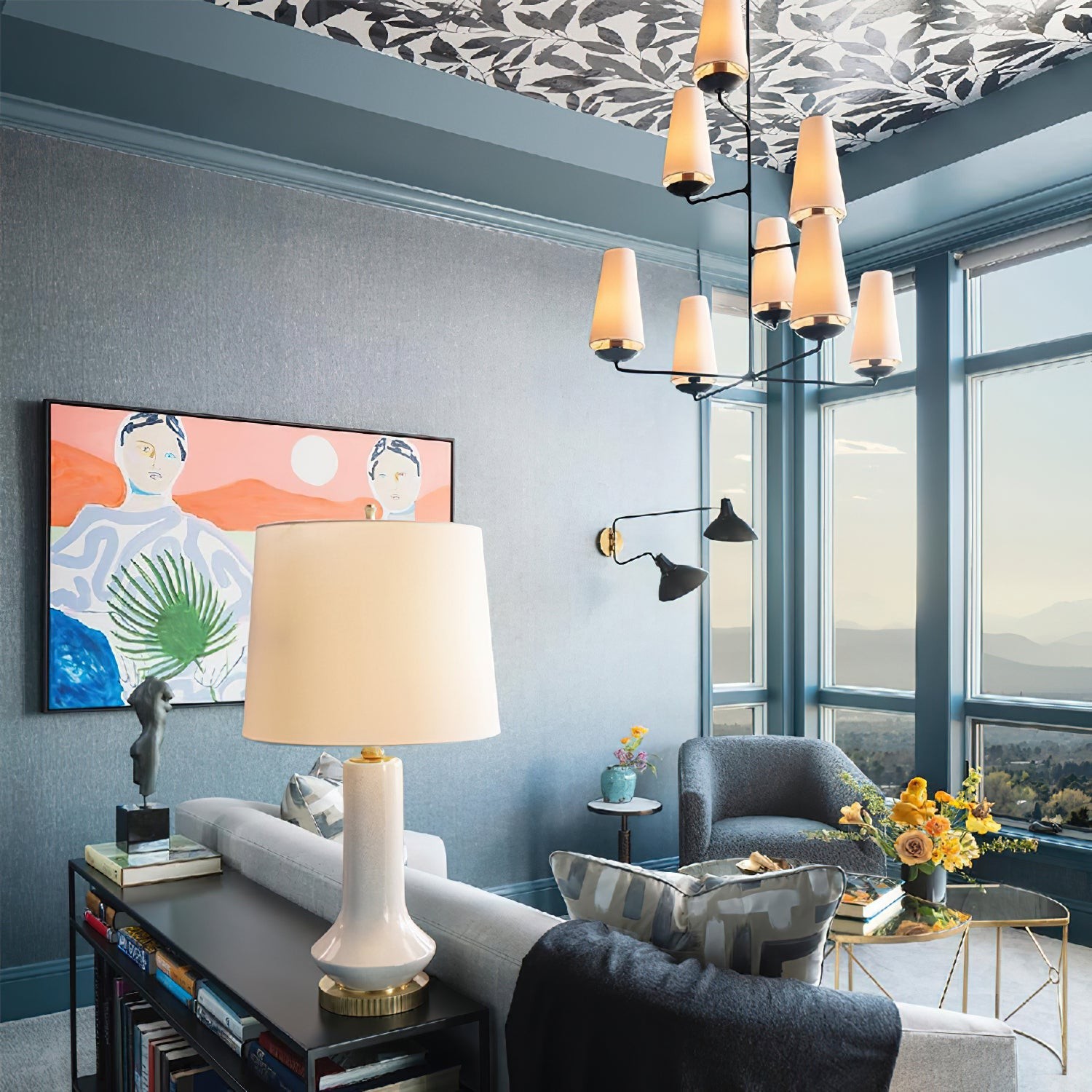 VertiFount Vertical Cascading Chandelier - Multi-Level Linen Shades For Stairwells & Vaulted Ceilings K1199