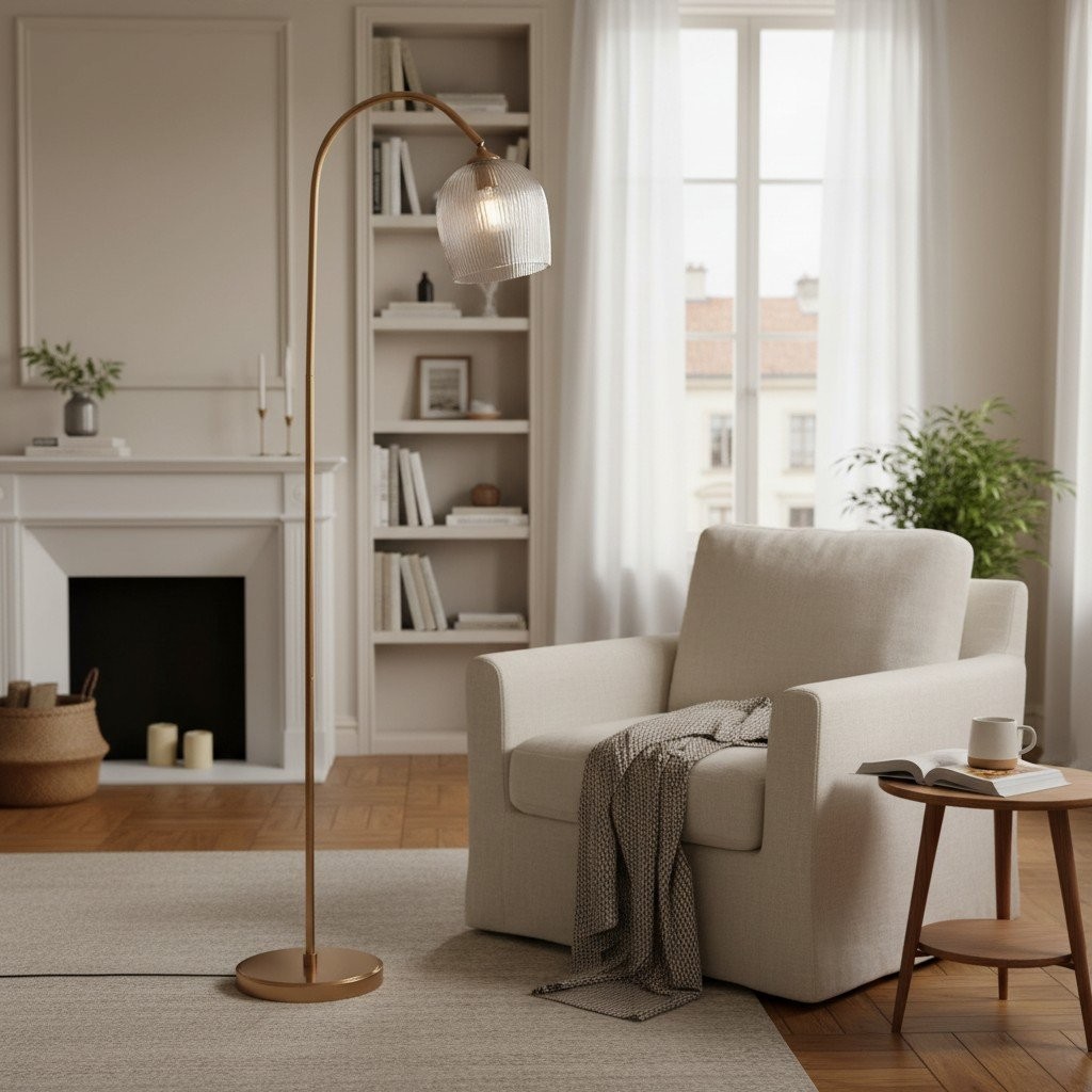 Brazara Adjustable Glass Shade Floor Lamp - Curved Metal Stem for Living Spaces K1864