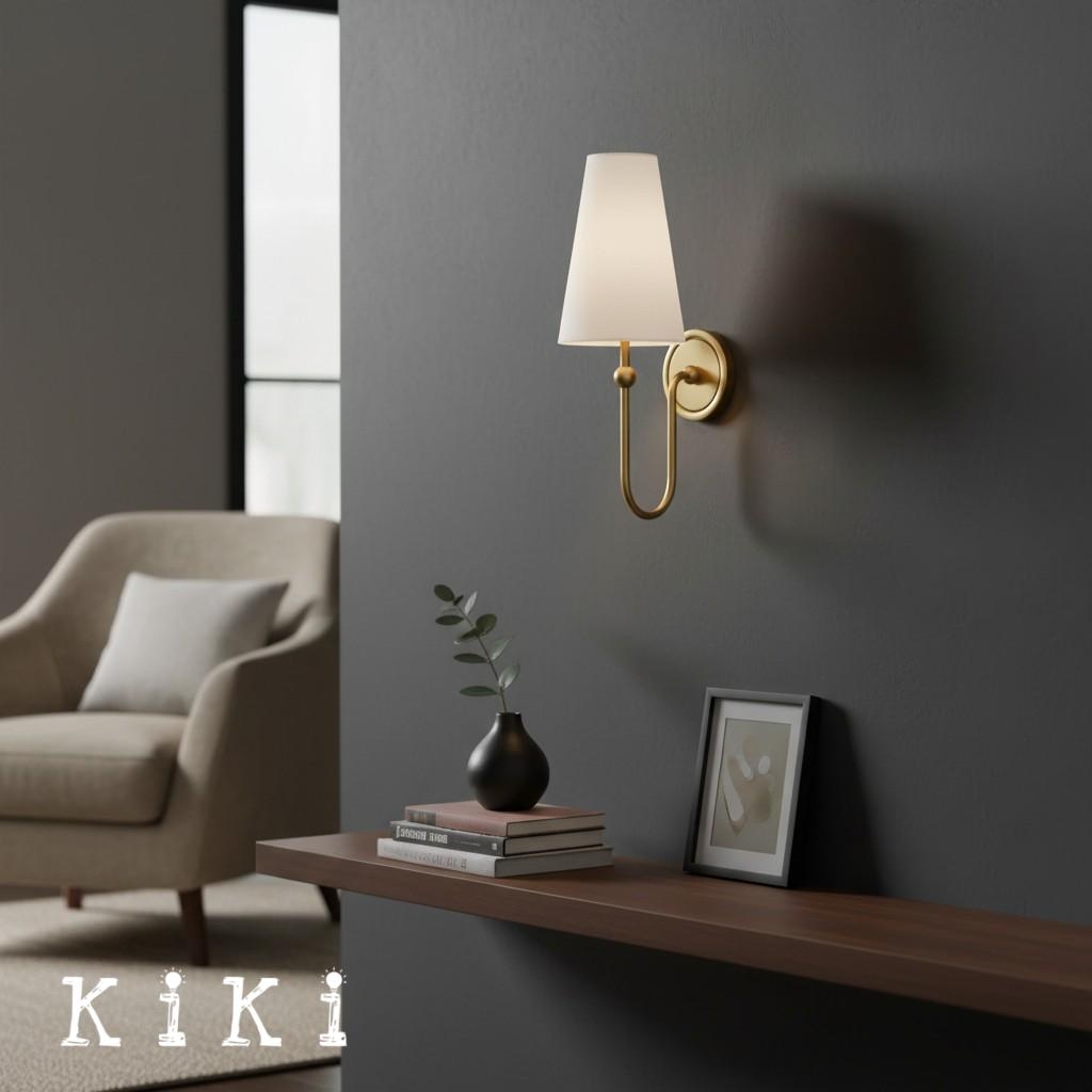 Serena Contemporary Fabric Shade Wall Sconce -  Curved Arm Wall Lamp for Bedroom K1721
