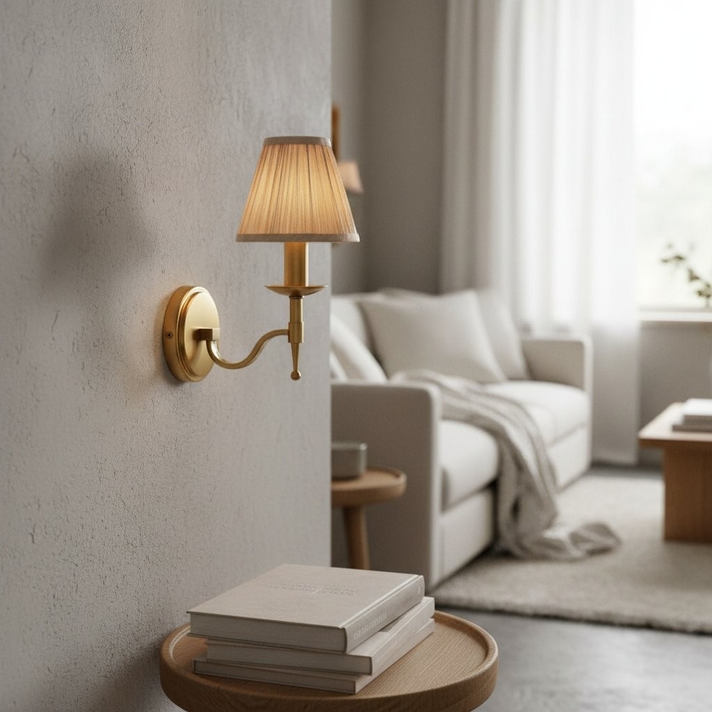 Tela Classic Curved Arm Brass Wall Sconce - Traditional Linen Sconce for Living Room or Hallway K1803