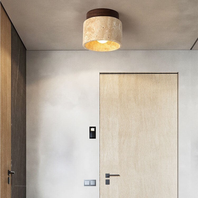 Japanese Minimalist Round Yellow Travertine Shade 1-Light Semi-Flush Mount Ceiling Light K844