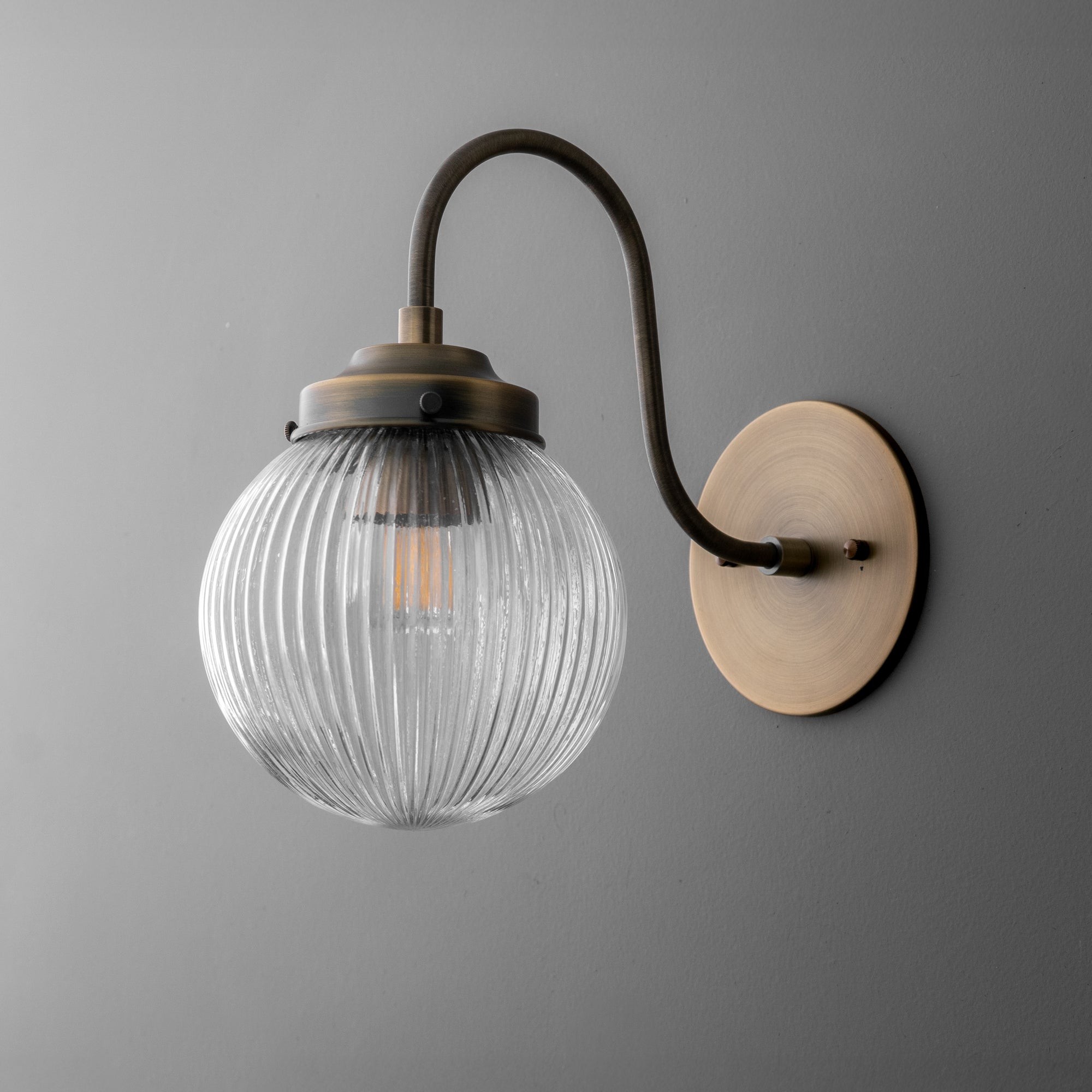 Glorica Glass Aged Brass Wall Sconce - Ribbed Glass Shade Industrial Style Lighting K1539
