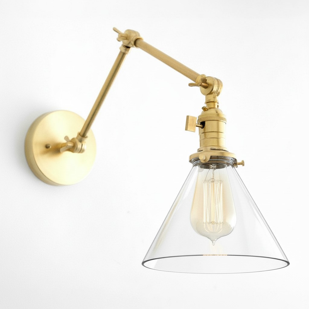 Conique Metal Industrial Wall Sconce with Adjustable Arm - Vintage Glass Cone Shade K1469