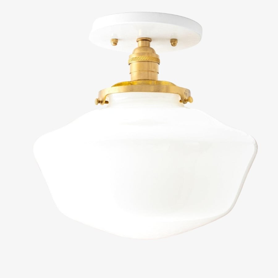 Geotower Glass Brass Ceiling Light - Opal Glass Schoolhouse Shade - Modern Elegance K1529