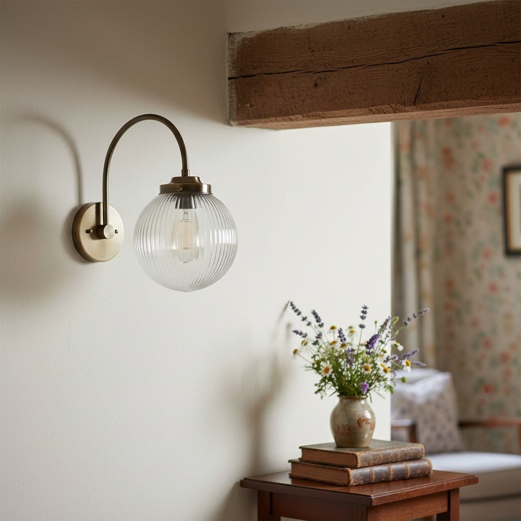 Glorica Glass Aged Brass Wall Sconce - Ribbed Glass Shade Industrial Style Lighting K1539