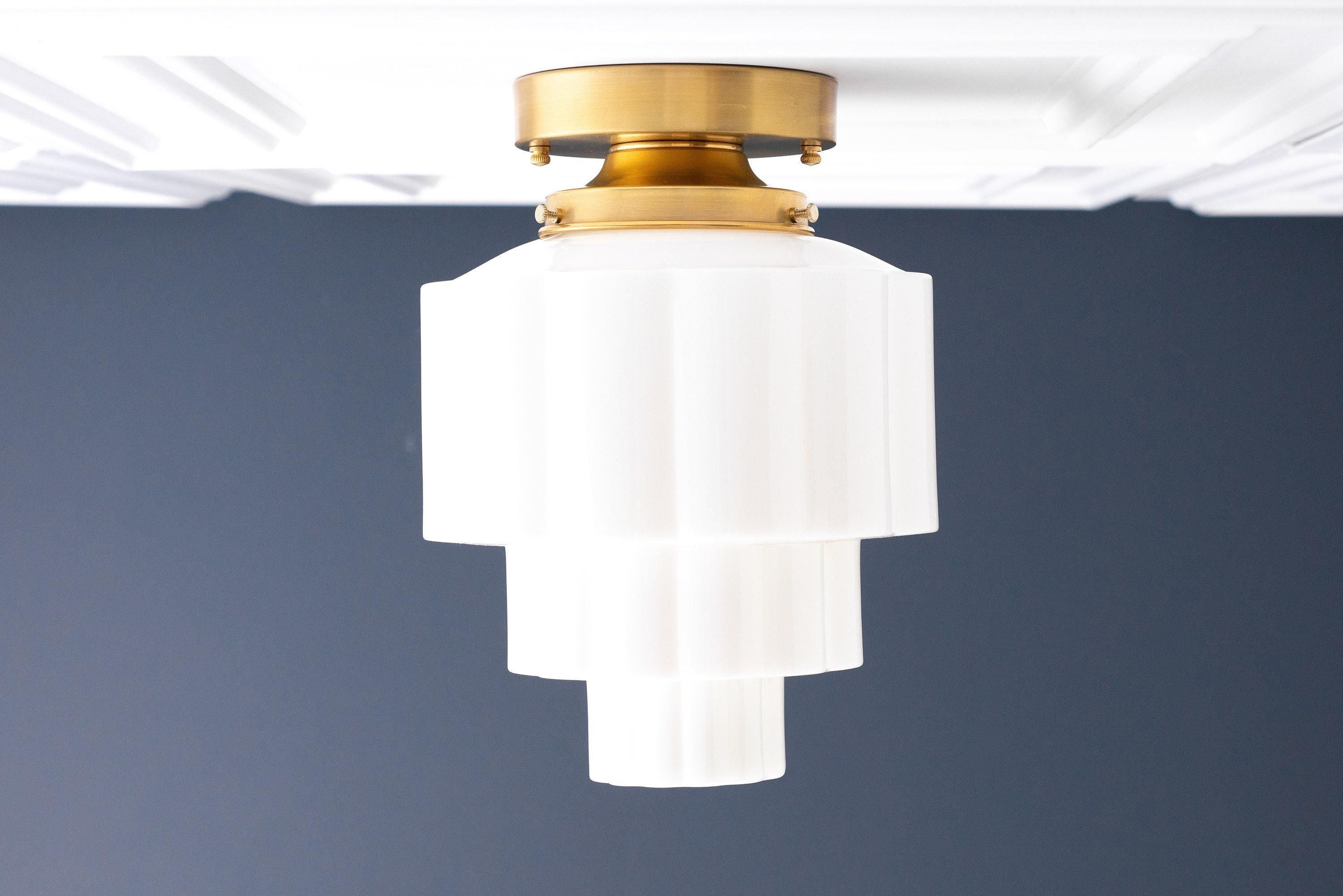 Geotower Glass Brass Ceiling Light – Art Deco Ribbed Globe Flush Mount K1528