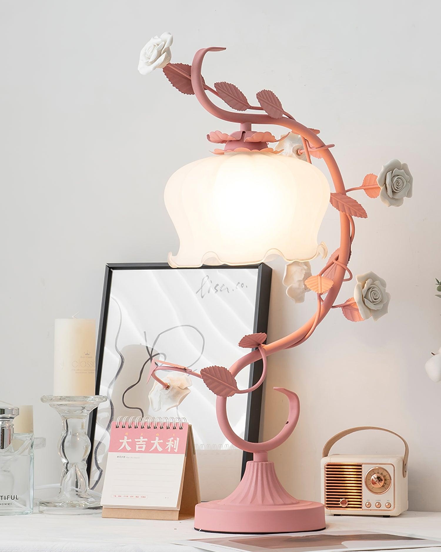 Green Pink White Rose Flower Table Lamp K640