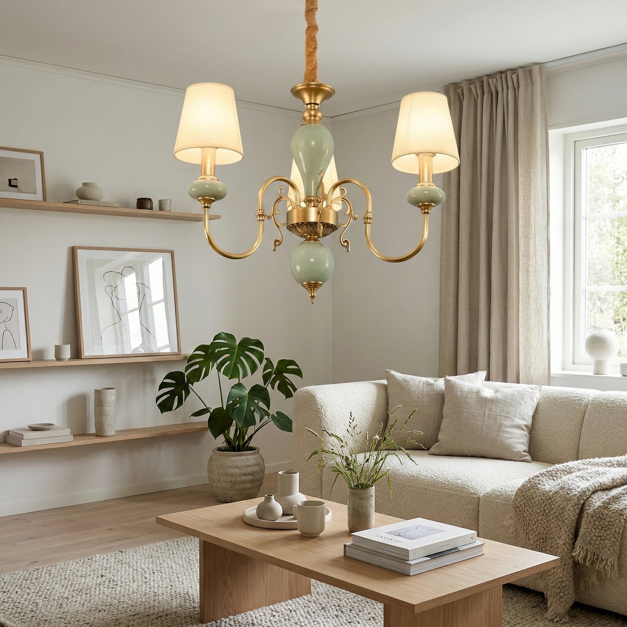 Altoris Series Branch Chandelier with Fabric Shades - Brass Ceramic Chandelier for Living Room K2308
