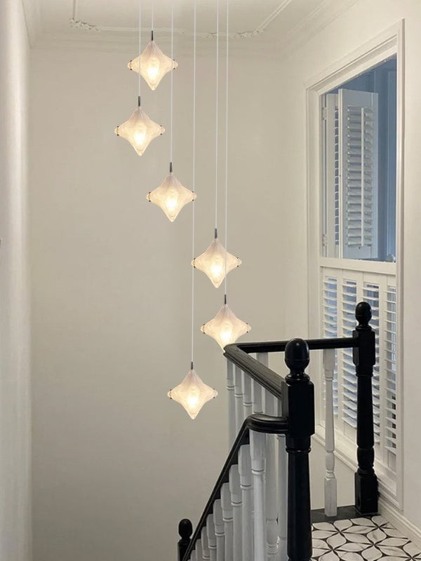 Art Deco Star Staircase Pendant Light - Frosted Glass Hanging Fixture - Astris Altair K1563