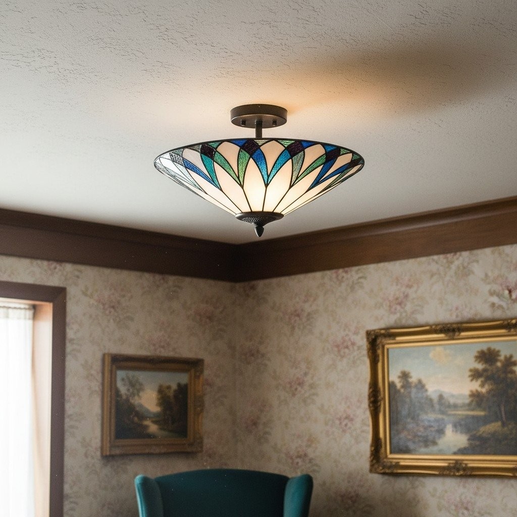 TF Allanton Tiffany Semi Flush Ceiling Light - Art Nouveau Patterned Shade for Living or Dining K1977