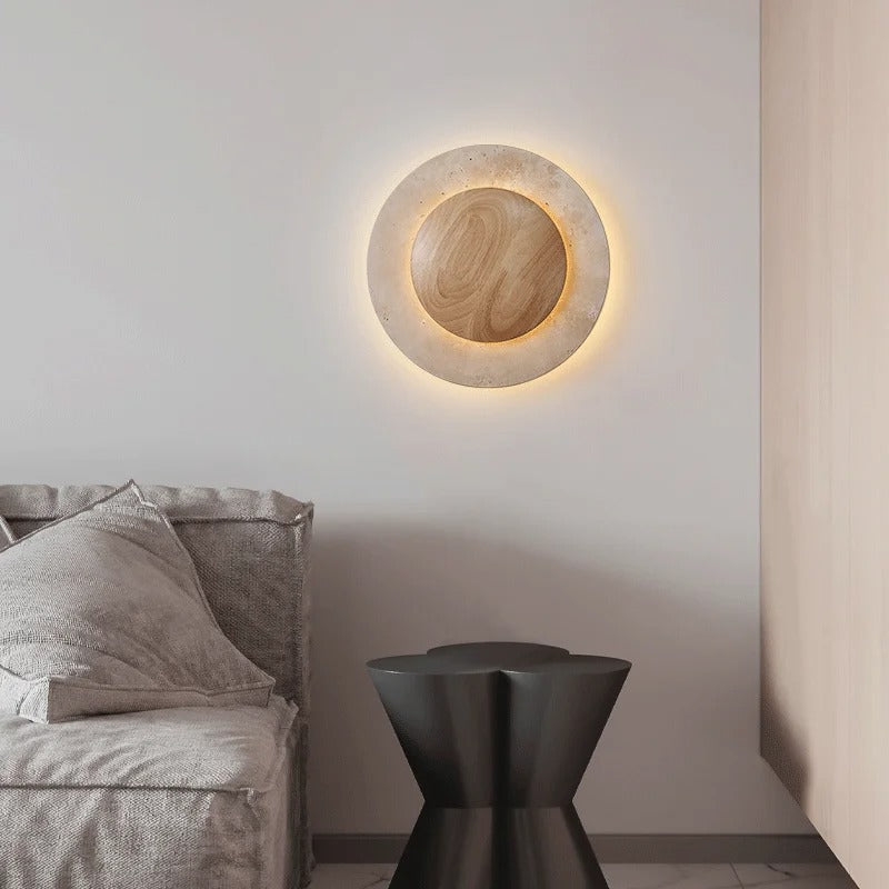 Round Travertine Wood Wall Light D880