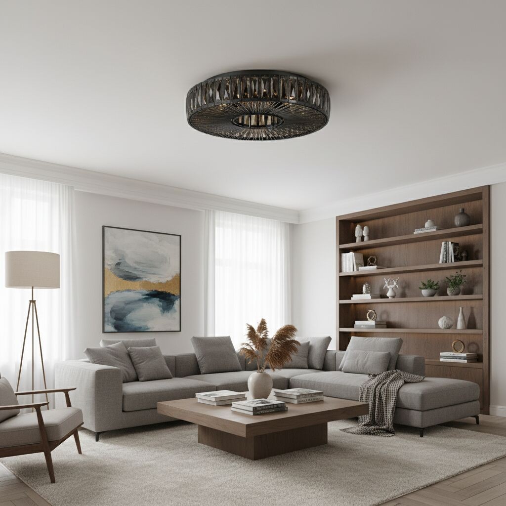Glomar Glass Round Flush Ceiling Light - Modern Metal Glass Finish Living Areas K2119