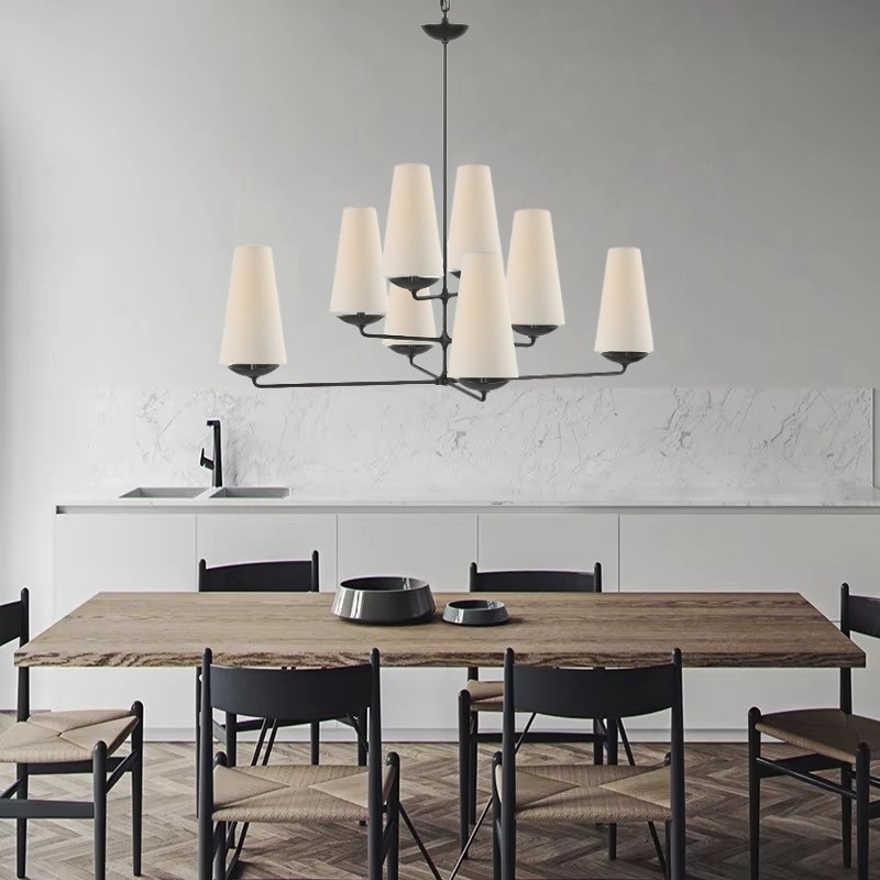 VertiFount Vertical Cascading Chandelier - Multi-Level Linen Shades For Stairwells & Vaulted Ceilings K1199