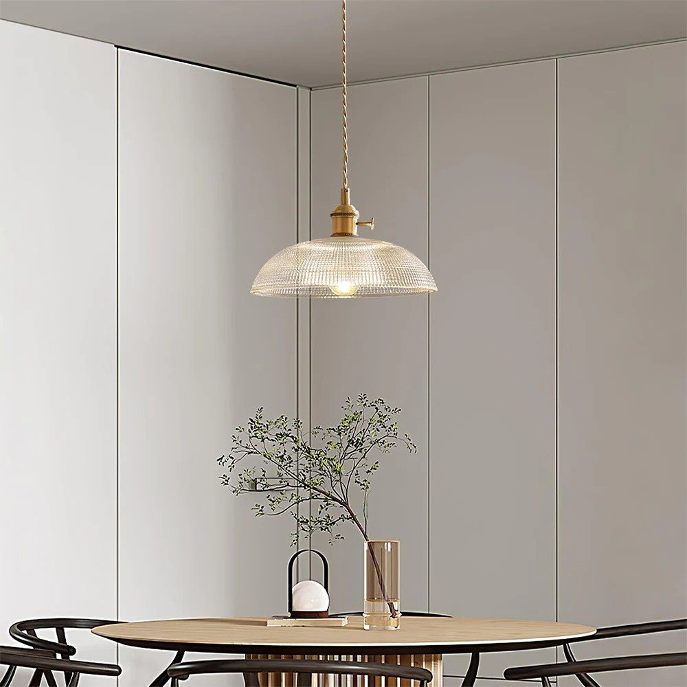 Retro Bowl Ribbed Brass Glass Pendant Light K94