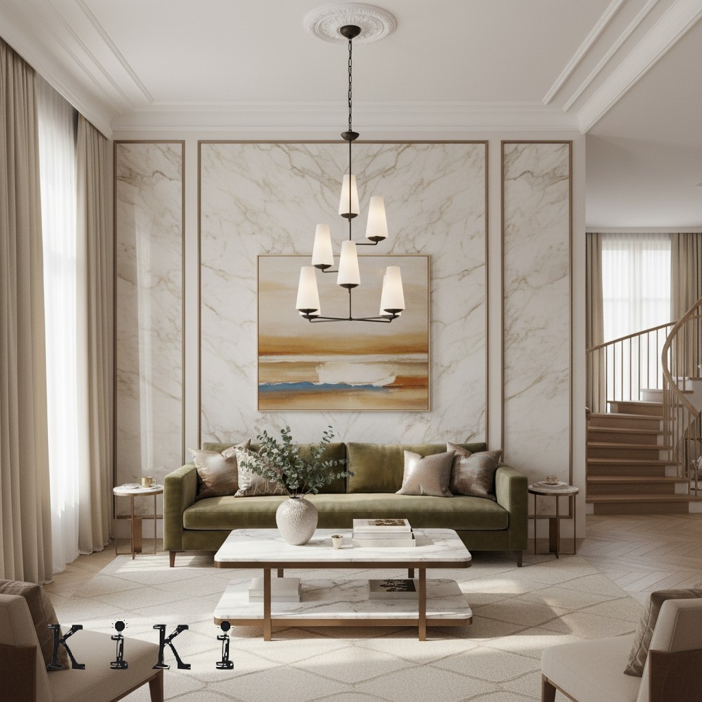 VertiFount Vertical Cascading Chandelier - Multi-Level Linen Shades For Stairwells & Vaulted Ceilings K1199