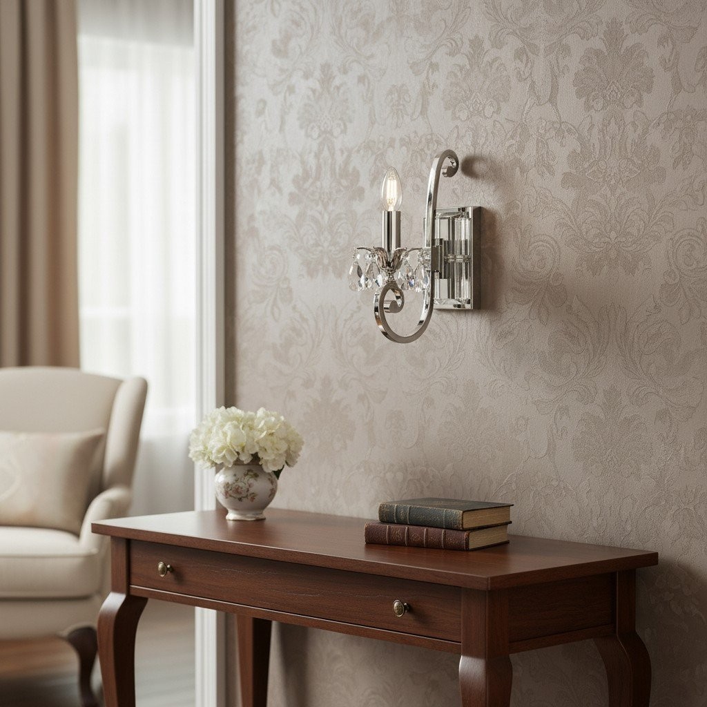 Talonis Crystal Accent Wall Light - Curved Chrome Arm Design for Living and Hallway Spaces K1953