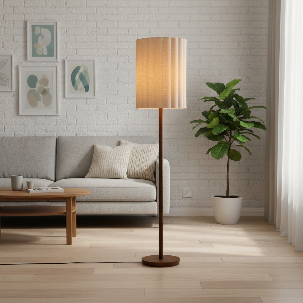 Linbron Wood Floor Lamp with Fluted Linen Shade - Scandinavian Modern Floor Light for Living Area K1683