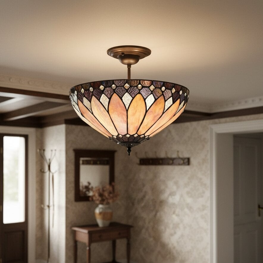 TF Brooklyn Tiffany Semi-flush Ceiling Light - Geometric Glass Shade for Hallways or Living Rooms K2016