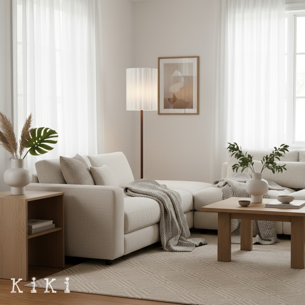Linbron Wood Floor Lamp with Fluted Linen Shade - Scandinavian Modern Floor Light for Living Area K1683