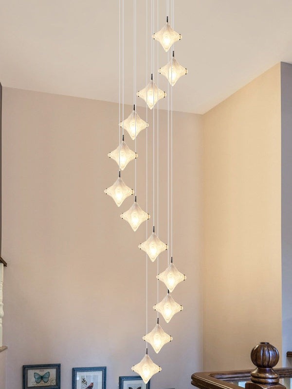 Art Deco Star Staircase Pendant Light - Frosted Glass Hanging Fixture - Astris Altair K1563