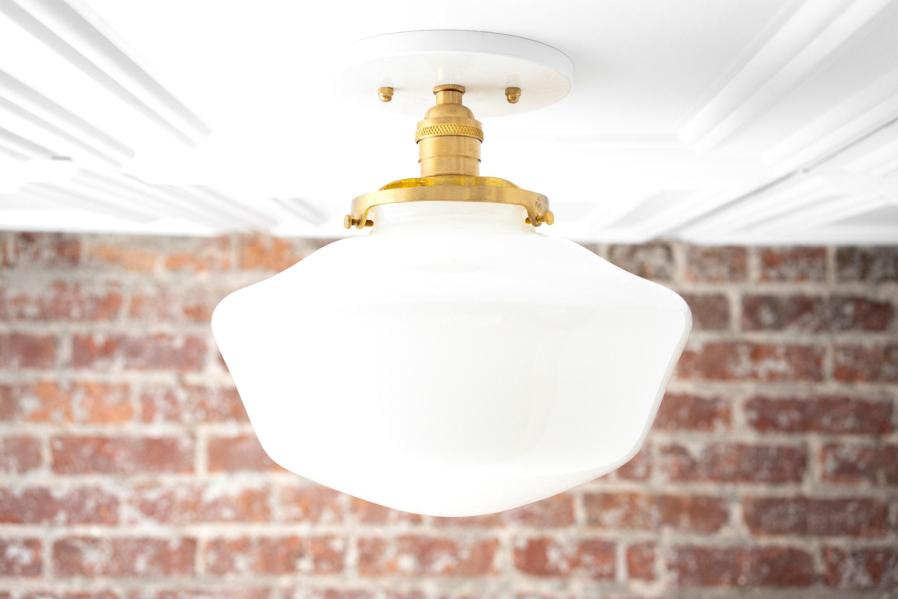 Geotower Glass Brass Ceiling Light - Opal Glass Schoolhouse Shade - Modern Elegance K1529