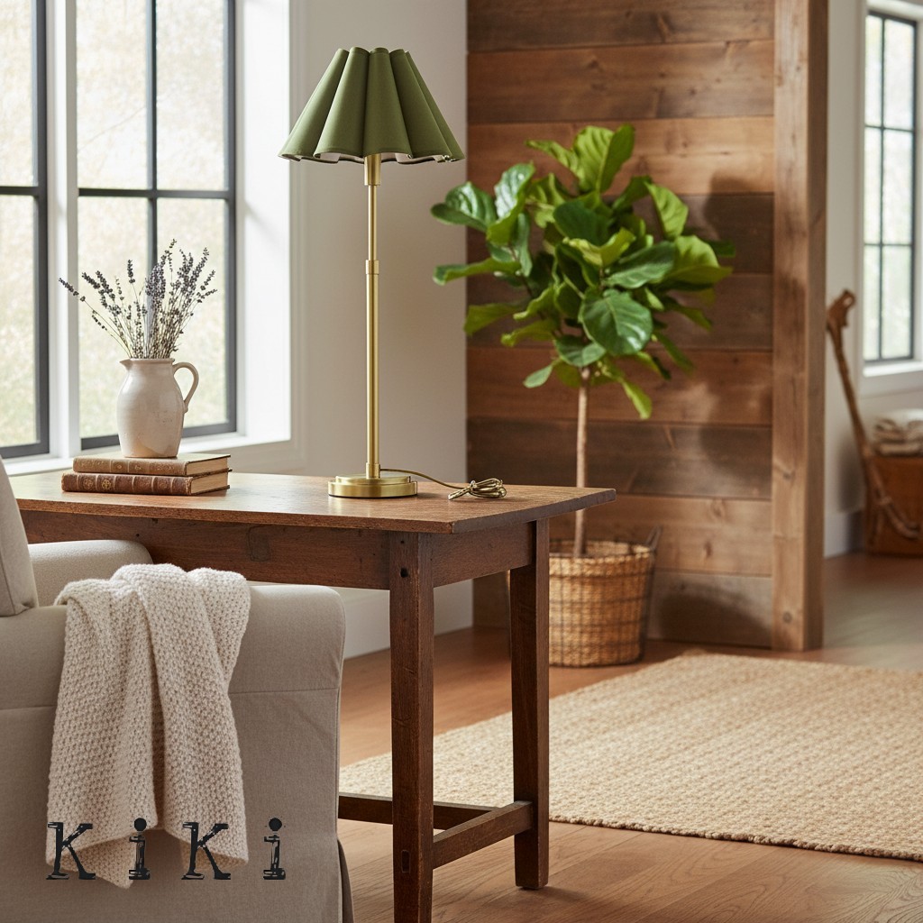 Capirise Scalloped Table Lamp – Vintage Linen Shade with Metal Base K1179