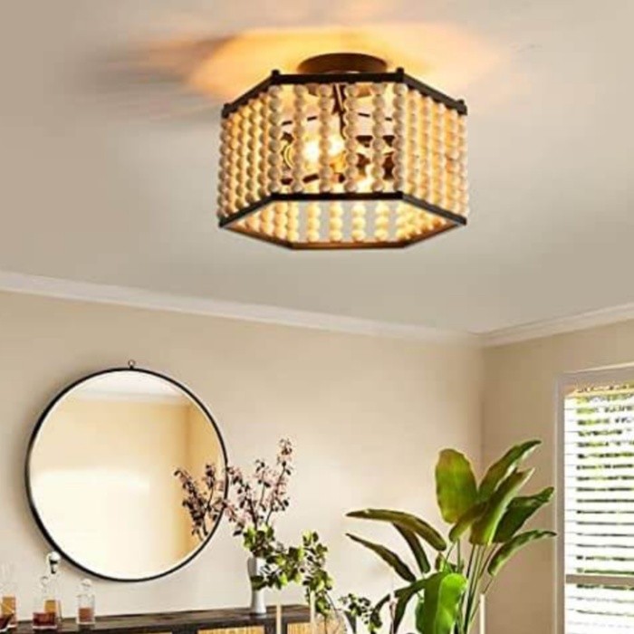 Rustic Hexagonal Wood Bead Ceiling Light K120