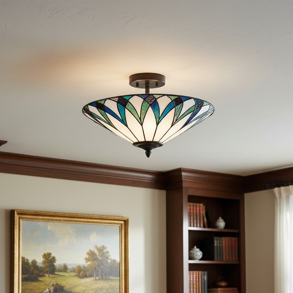 TF Allanton Tiffany Semi Flush Ceiling Light - Art Nouveau Patterned Shade for Living or Dining K1977