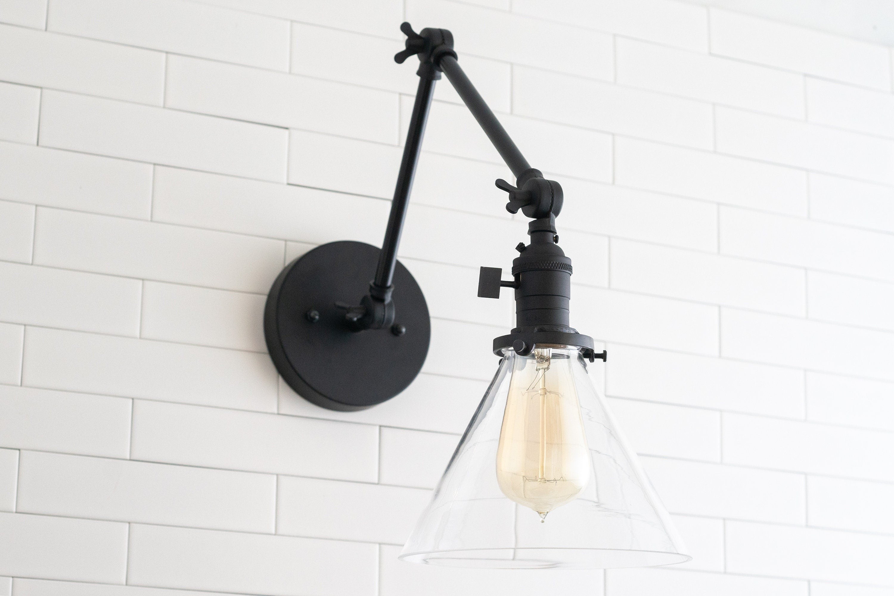 Conique Metal Industrial Wall Sconce with Adjustable Arm - Vintage Glass Cone Shade K1469