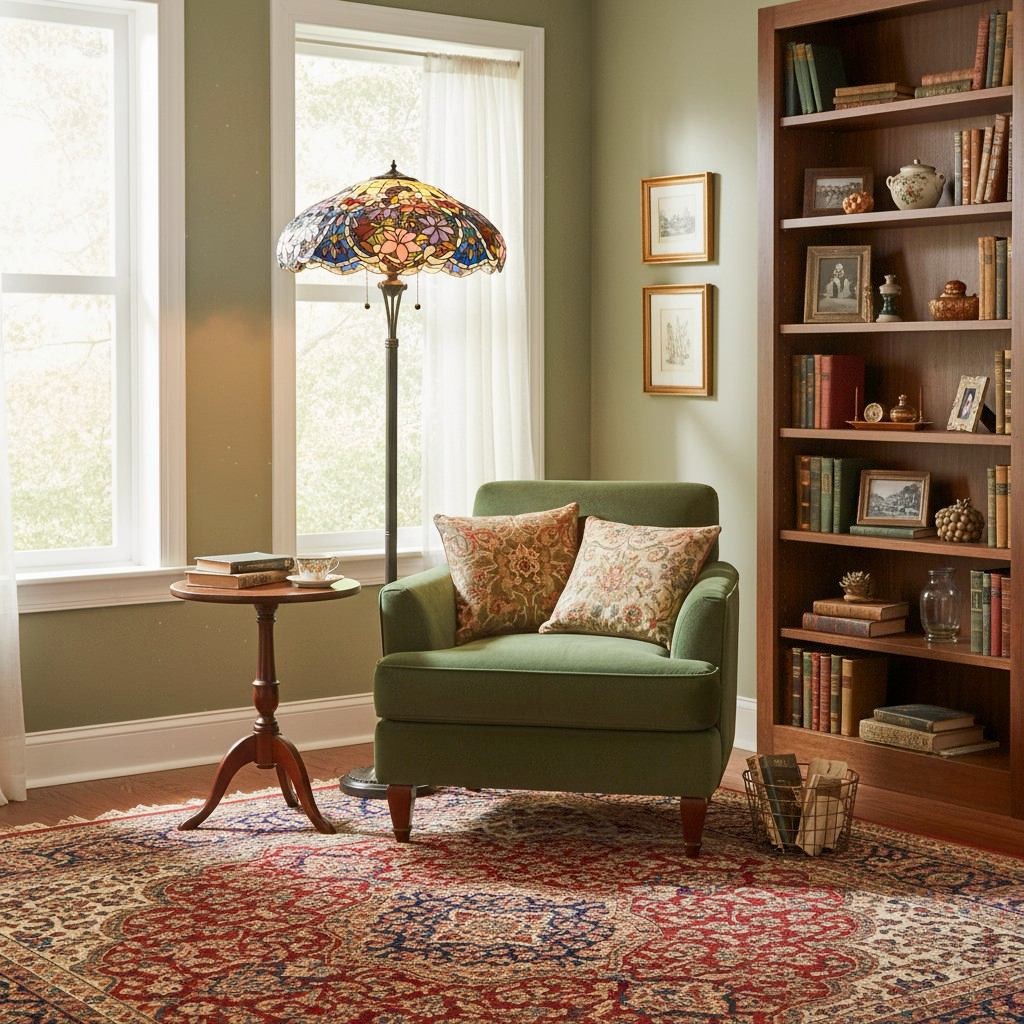 TF Sullivan Tiffany Floor Lamp - Floral Stained Glass Design for Study or Living Room K1828