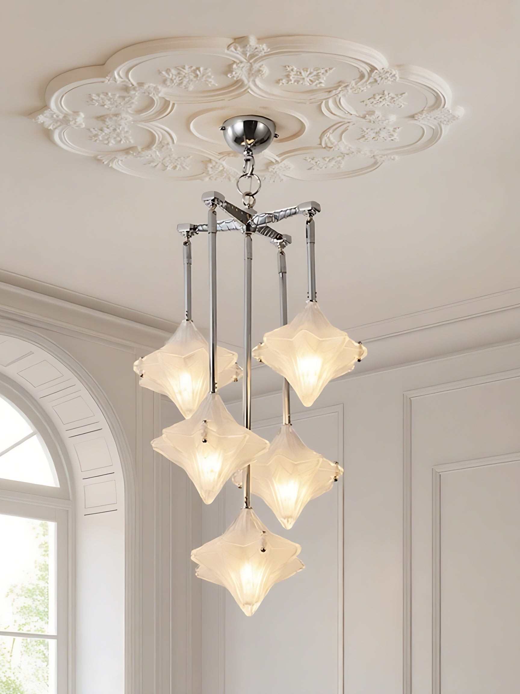 Art Deco Astris Star Chandelier - Frosted Glass Deco Fixture for Dining Room K1564