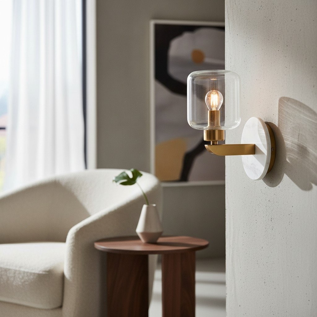 Korlisse Modern Marble Wall Light - Vintage Brass & Clear Glass Accent for Living Room and Hallway K1918