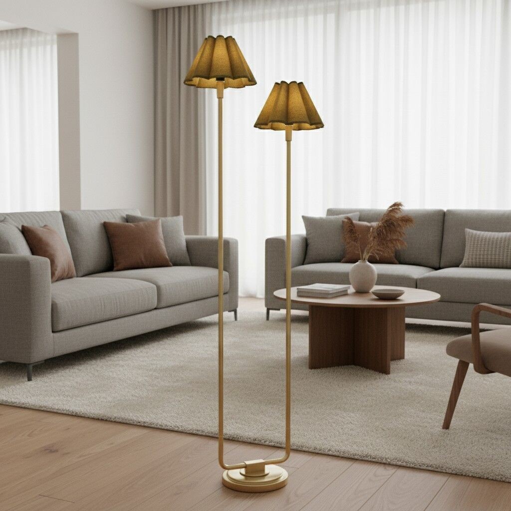 Duova Minimalist 2‑Light Floor Lamp - Modern Pleated Fabric Metal Light for Bedroom or Living Room K1666
