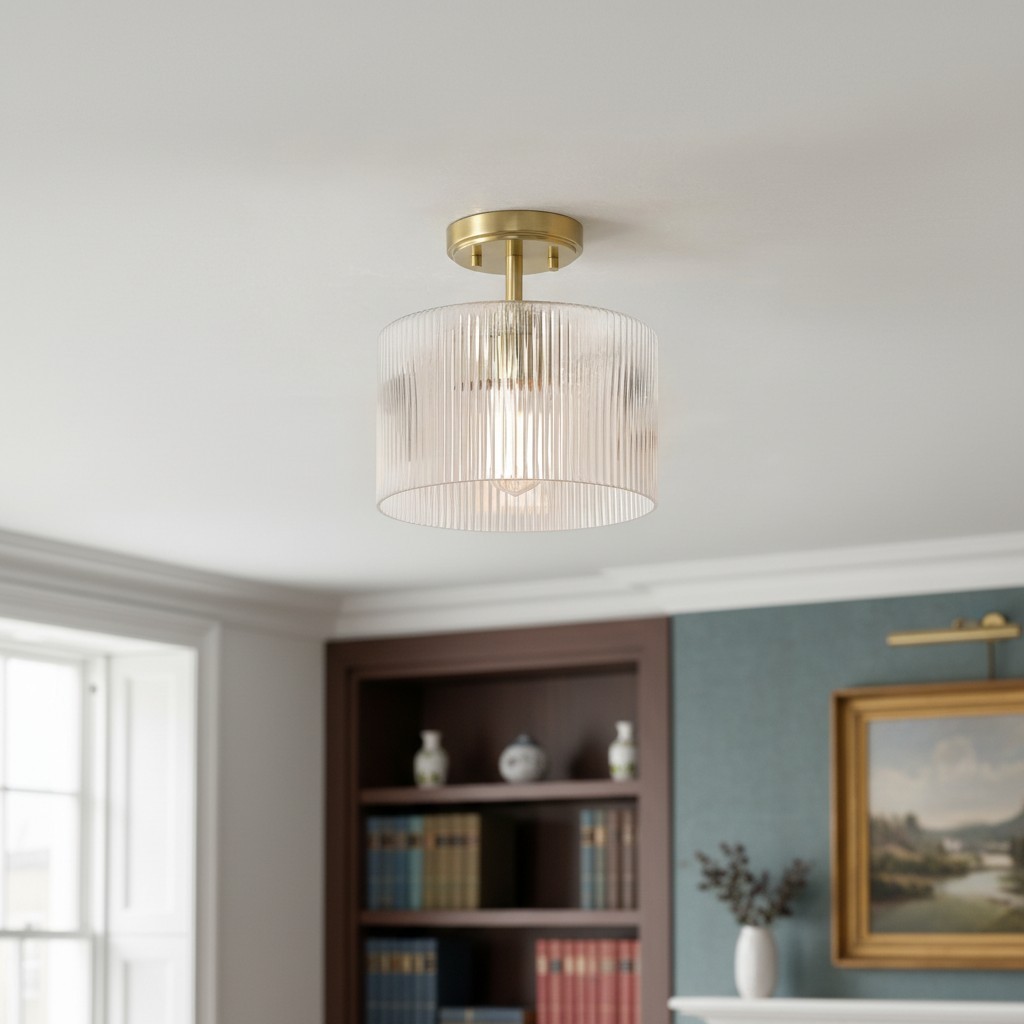 Rivora Ribbed Glass Ceiling Light - Modern Semi Flush Mount Lamp for Bedroom and Hallway K2237