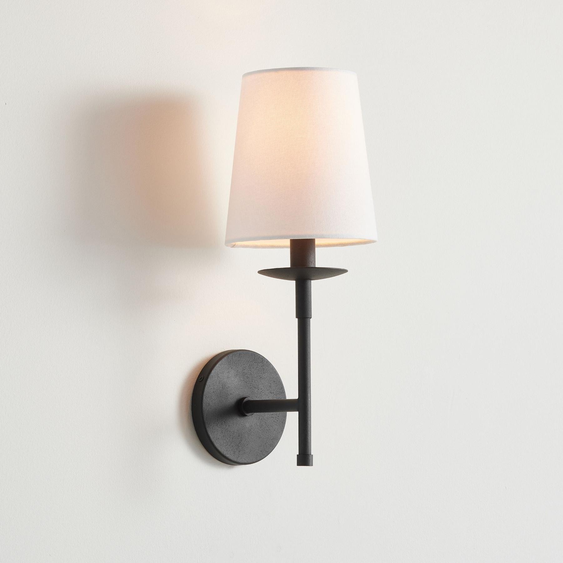 Rowan Iron Wall Sconce with Linen Shade – Industrial Classic Accent Light K1315