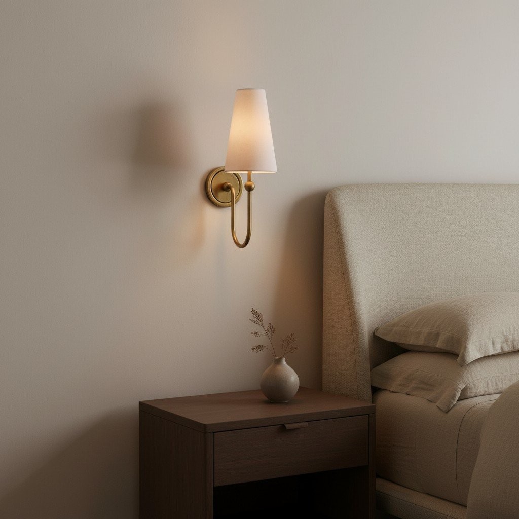 Serena Contemporary Fabric Shade Wall Sconce -  Curved Arm Wall Lamp for Bedroom K1721