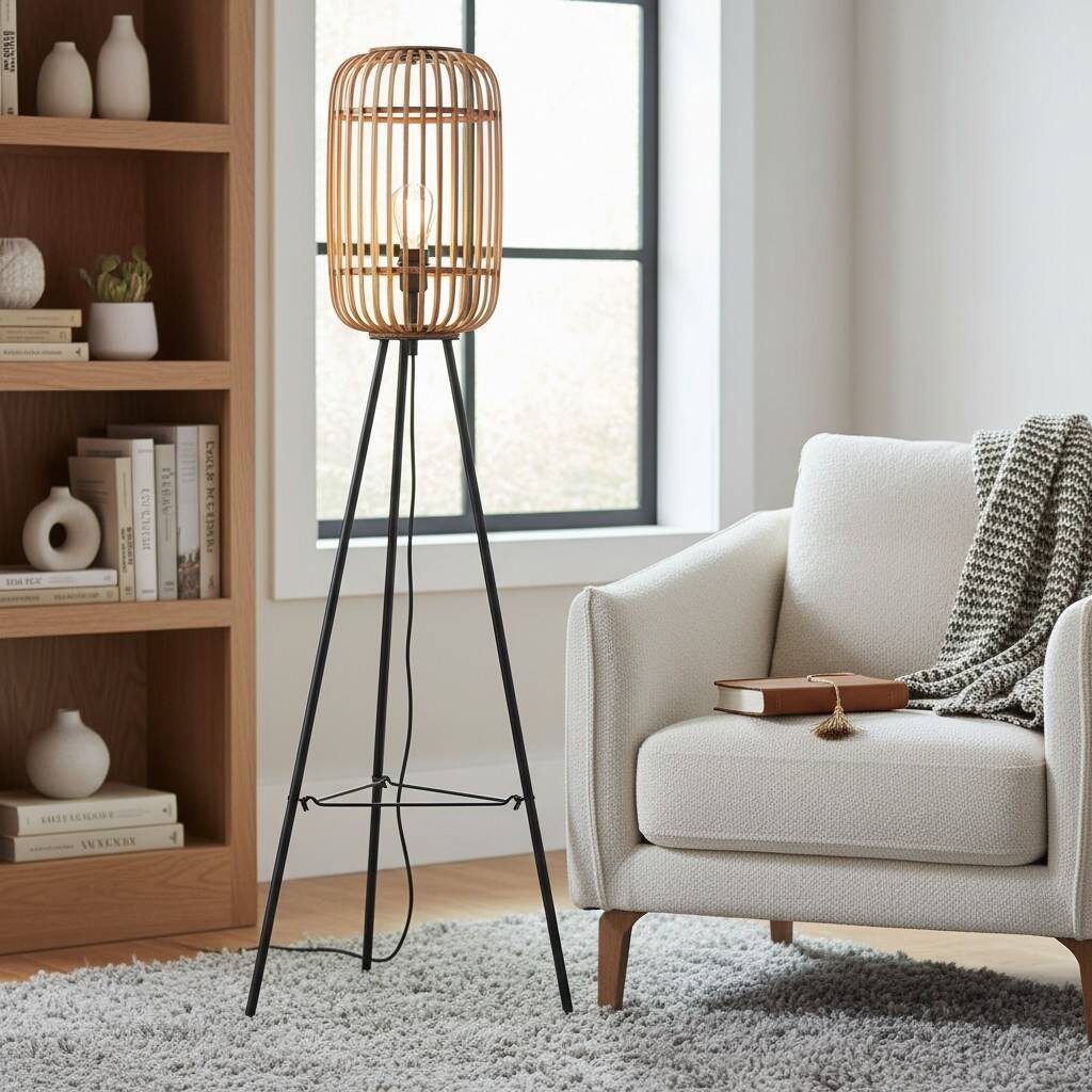 Yumeko Natural Woven Floor Lamp - Modern Scandi Bamboo Shade Standing Lamp for Bedrooms or Living Rooms K1940