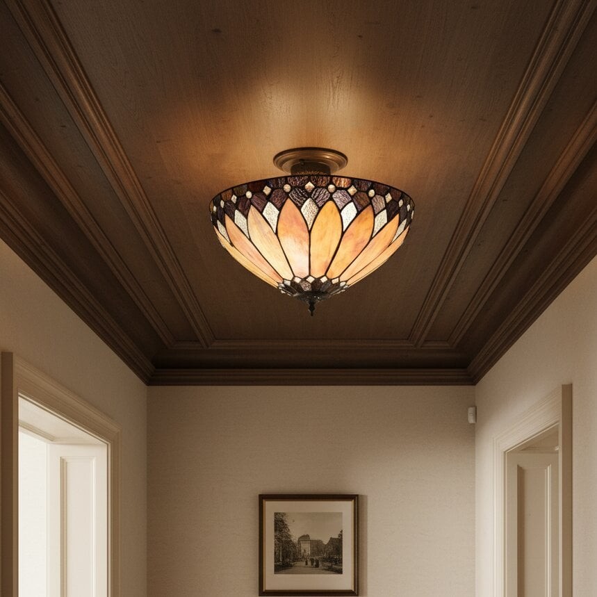 TF Brooklyn Tiffany Semi-flush Ceiling Light - Geometric Glass Shade for Hallways or Living Rooms K2016