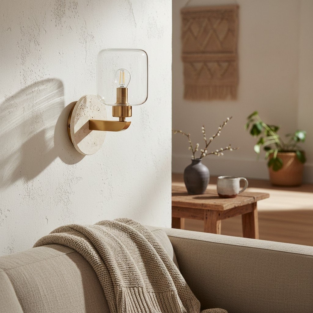 Korlisse Modern Marble Wall Light - Vintage Brass & Clear Glass Accent for Living Room and Hallway K1918
